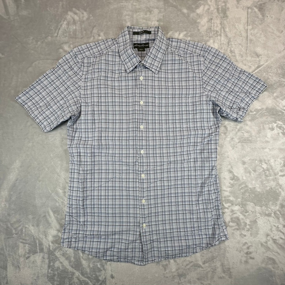 Eddie Bauer Button Down Mens TL Blue Plaid Classic Fit Short Sleeve Shirt Pocket